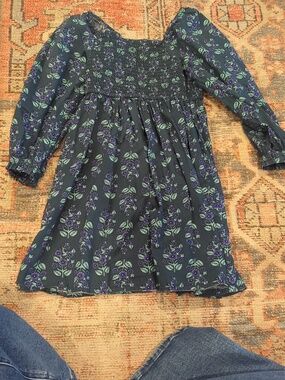 Girls' Dark Green Floral Long-Sleeve Dress